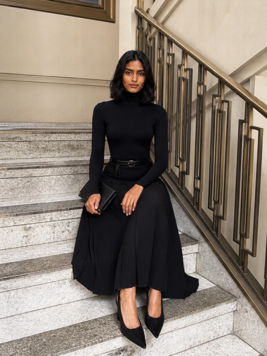 Alaia black pleated maxi skirt bodysuit outfit