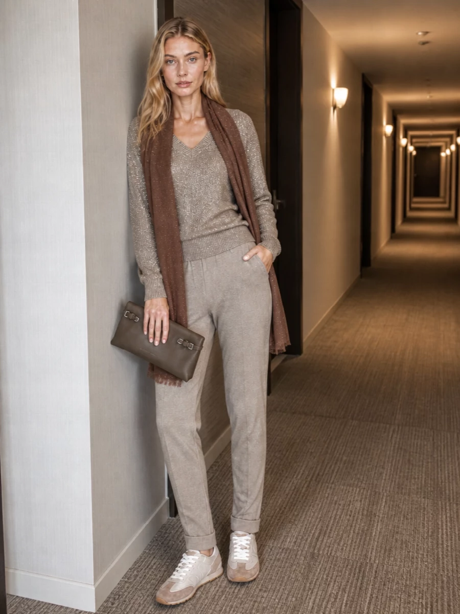 Brunello cucinelli taupe shimmer sweater pant outfit