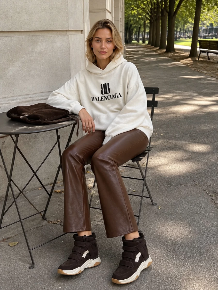 This reads as a Balenciaga-inflected street-sport uniform built around rich chocolate and soft neutrals. I chose the top and bottom route rather than a dress so the wedge sneakers can sit in their natural habitat with slouchy volume up top and a leg-lengthening flare below. The result feels relaxed but intentional, ideal for city days where comfort, branding and proportion all matter.