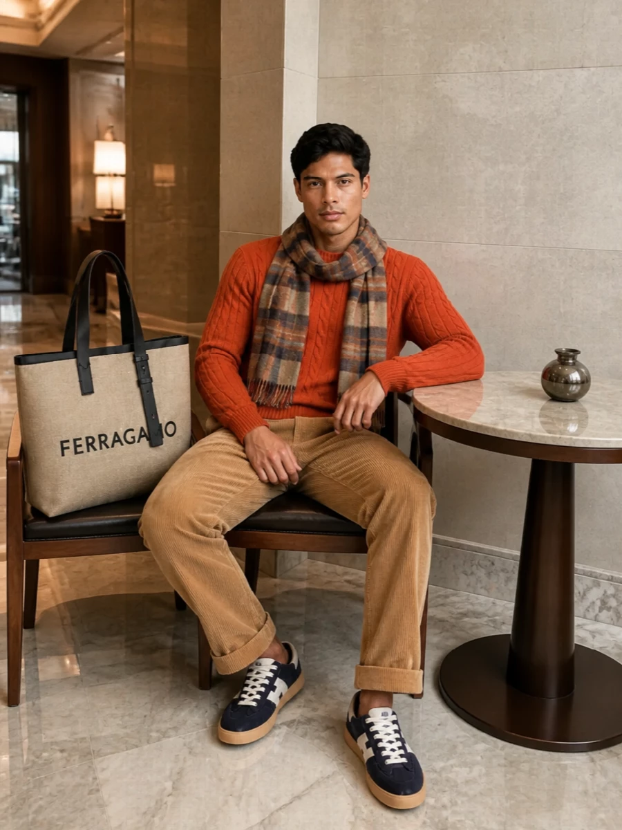 Polo ralph lauren orange sweater camel cords