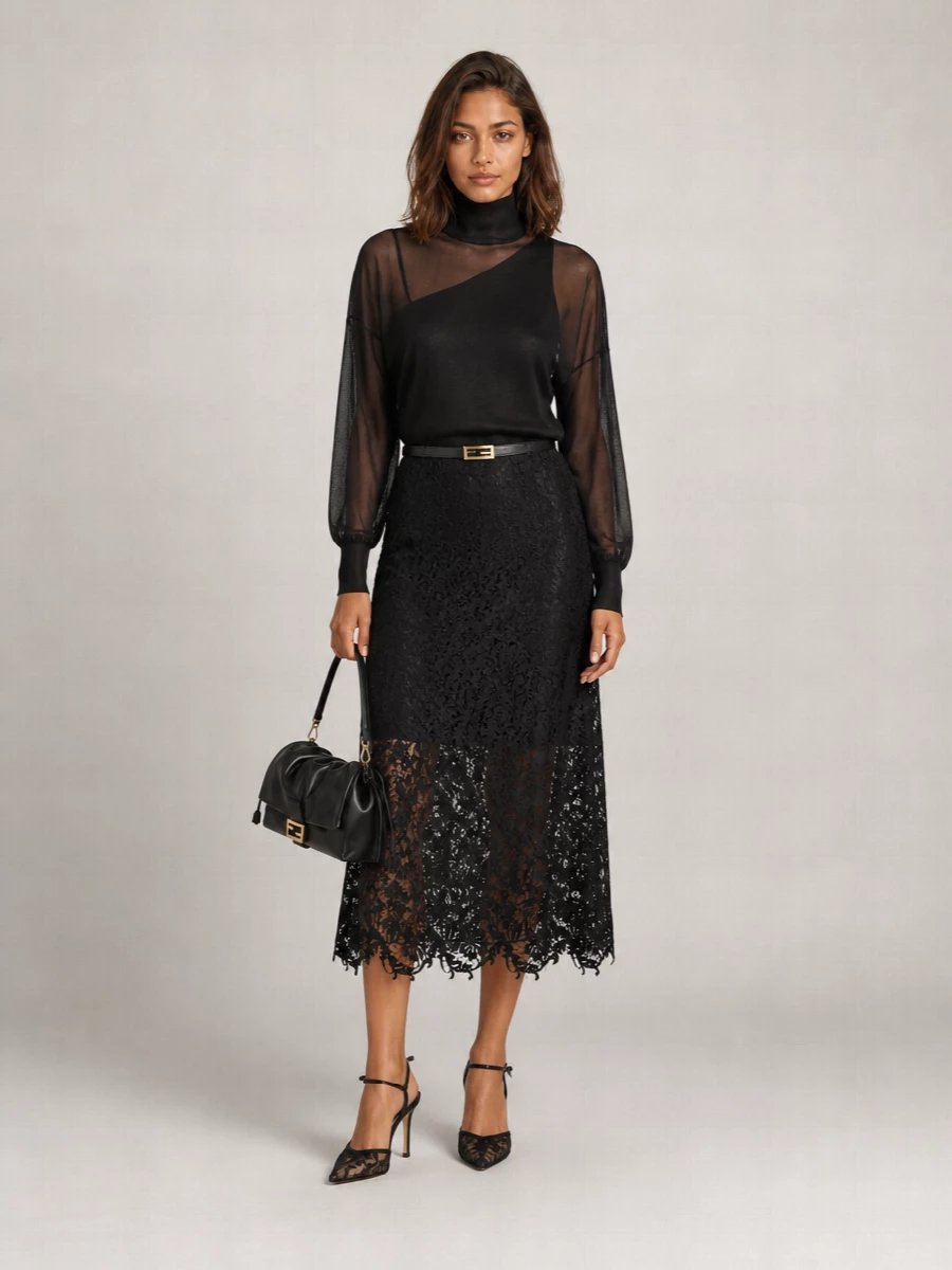 Fendi macramé lace high-rise midi a-line skirt