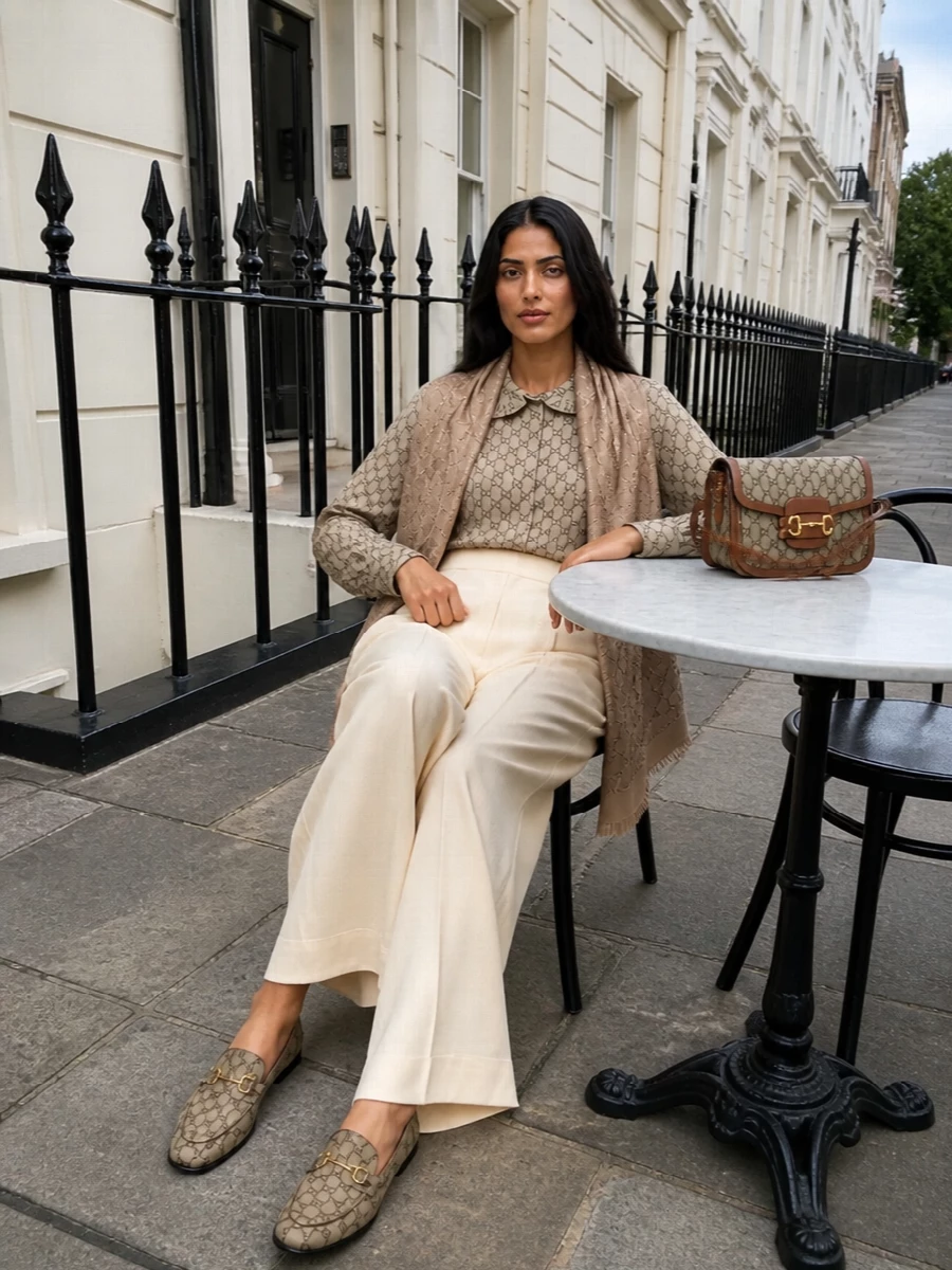 Gucci beige monogram shirt cream wide leg pants