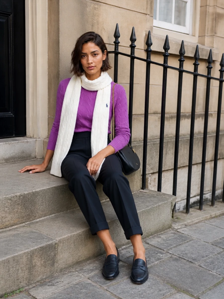 Ralph lauren orchid cable sweater navy trousers