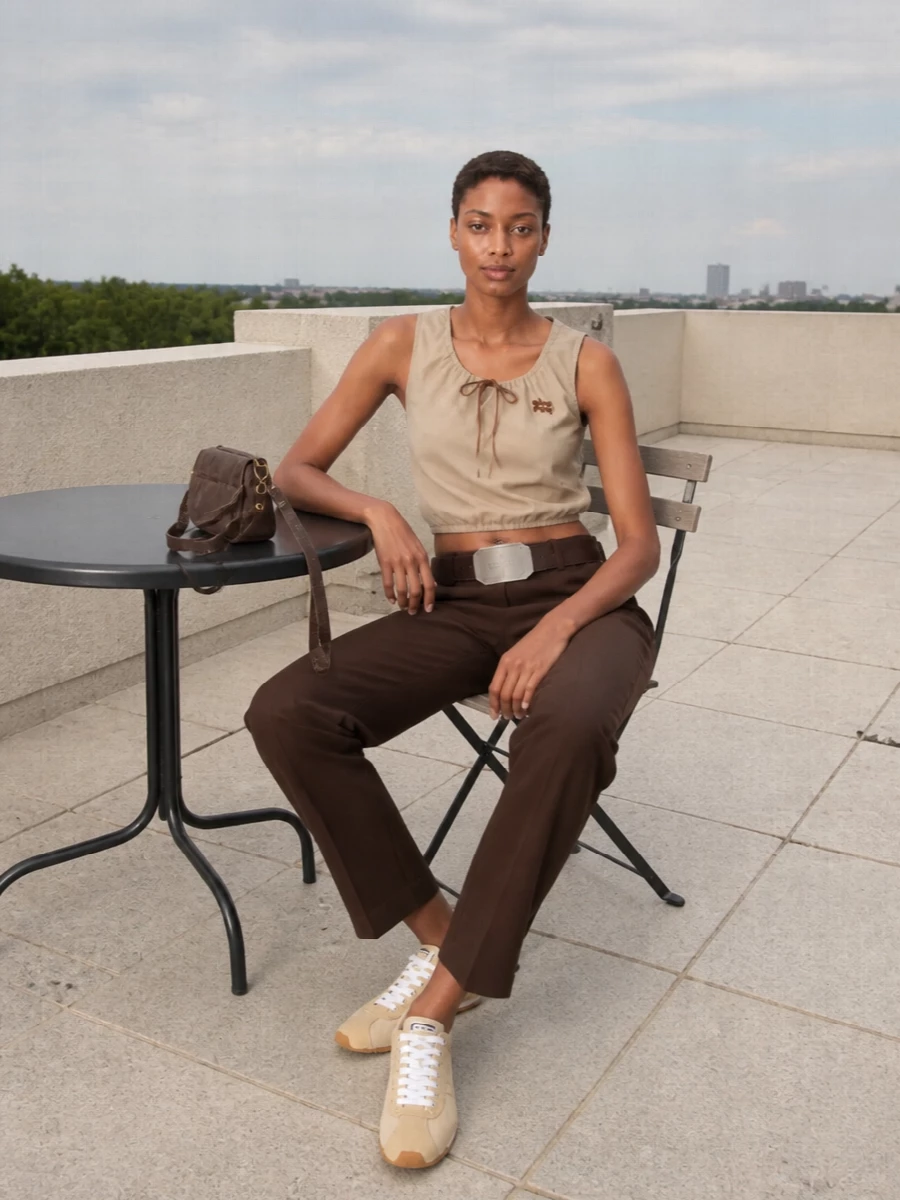 Miu miu beige crop top chocolate trousers outfit