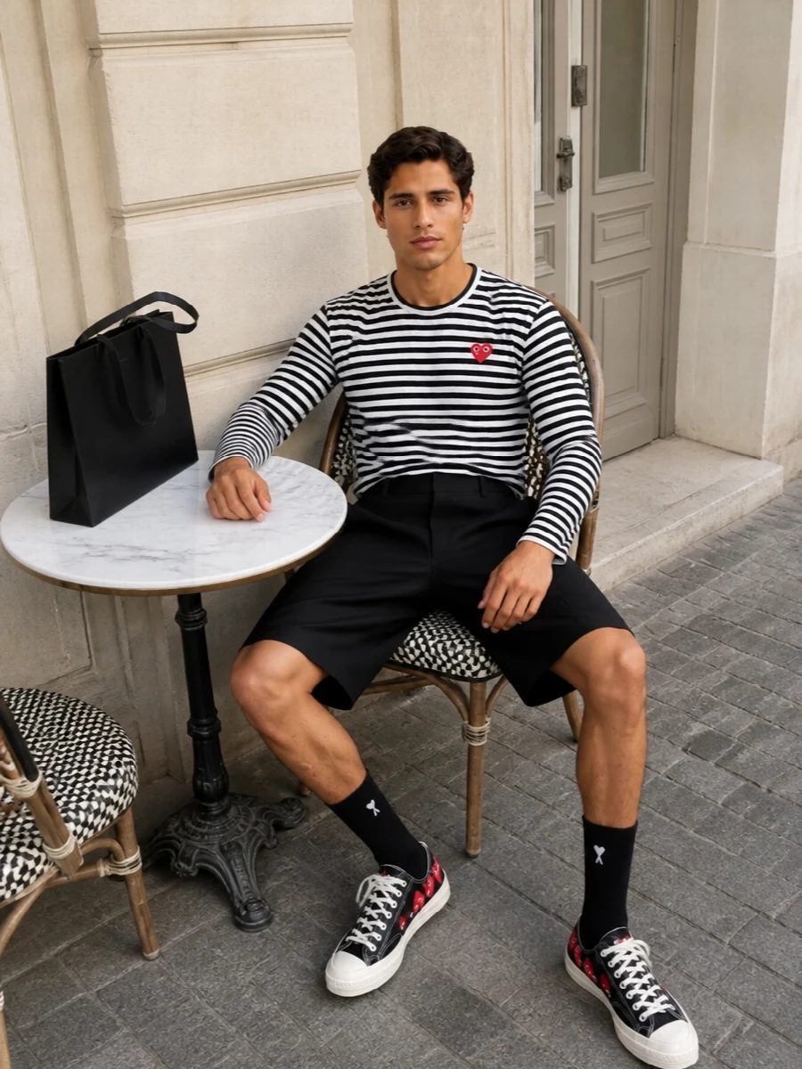 Comme des garcons play striped tee black tailored shorts