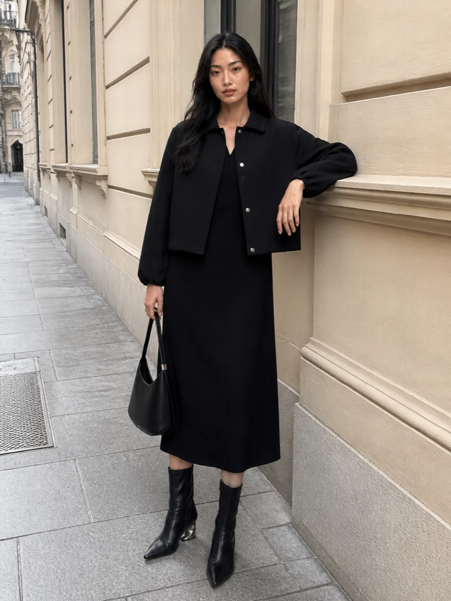 Jil sander black midi dress cropped jacket outfit