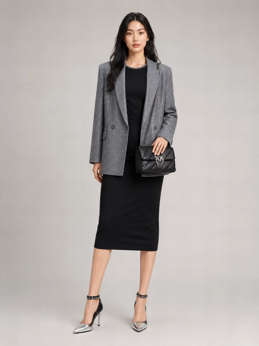 Pinko Crystal Embellished Double-Breasted V-Neck Jacket