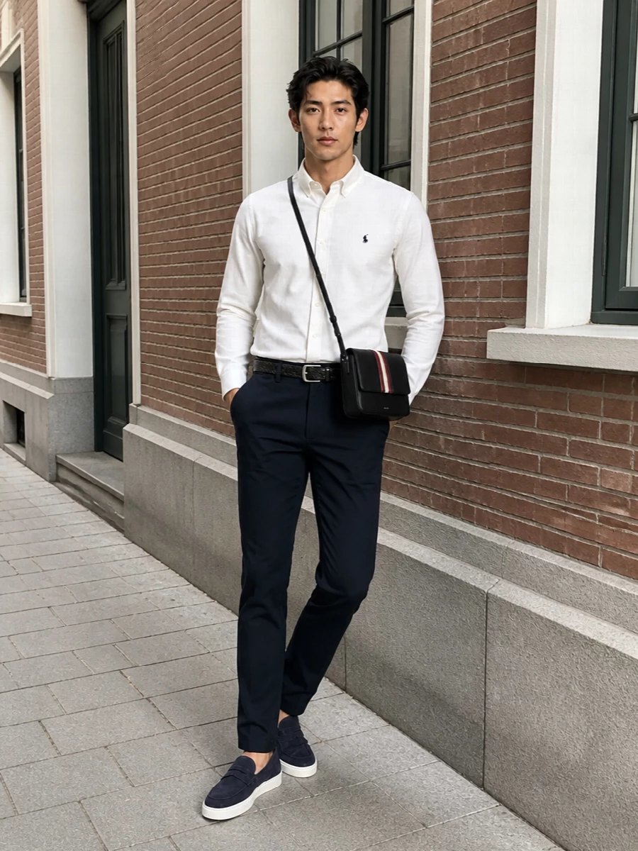 Navy chinos and an off‑white Oxford-style shirt create a clean, East Coast palette that works from casual office days to dinner in the city. Navy suede cupsole loafers keep the line sharp but relaxed, and a structured black crossbody adds just enough polish without feeling formal.