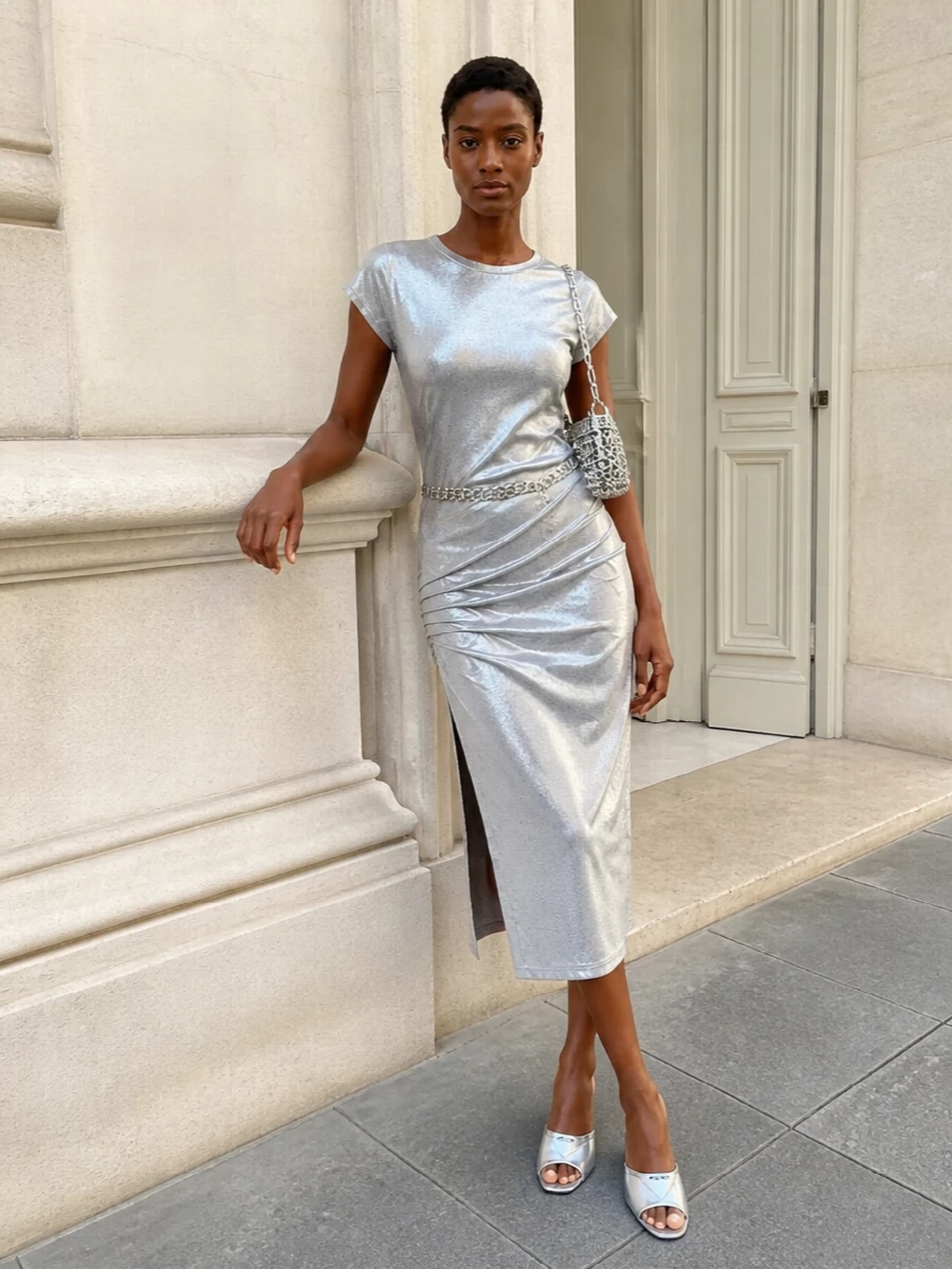 Paco rabanne silver midi dress prada mules