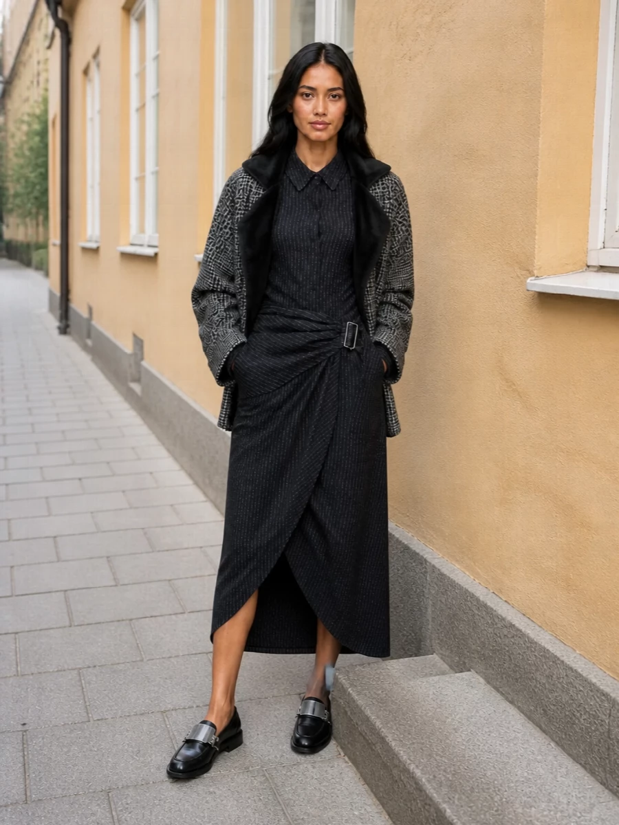 Here the Junya Watanabe coat wraps around a pinstriped Isabel Marant wrap dress, creating a single, elongated column of grey and black with subtle deconstruction in the details. Chunky chained loafers and a sculptural belt bag keep the energy grounded and intellectual rather than pretty, so the texture and cut of each piece do the talking.