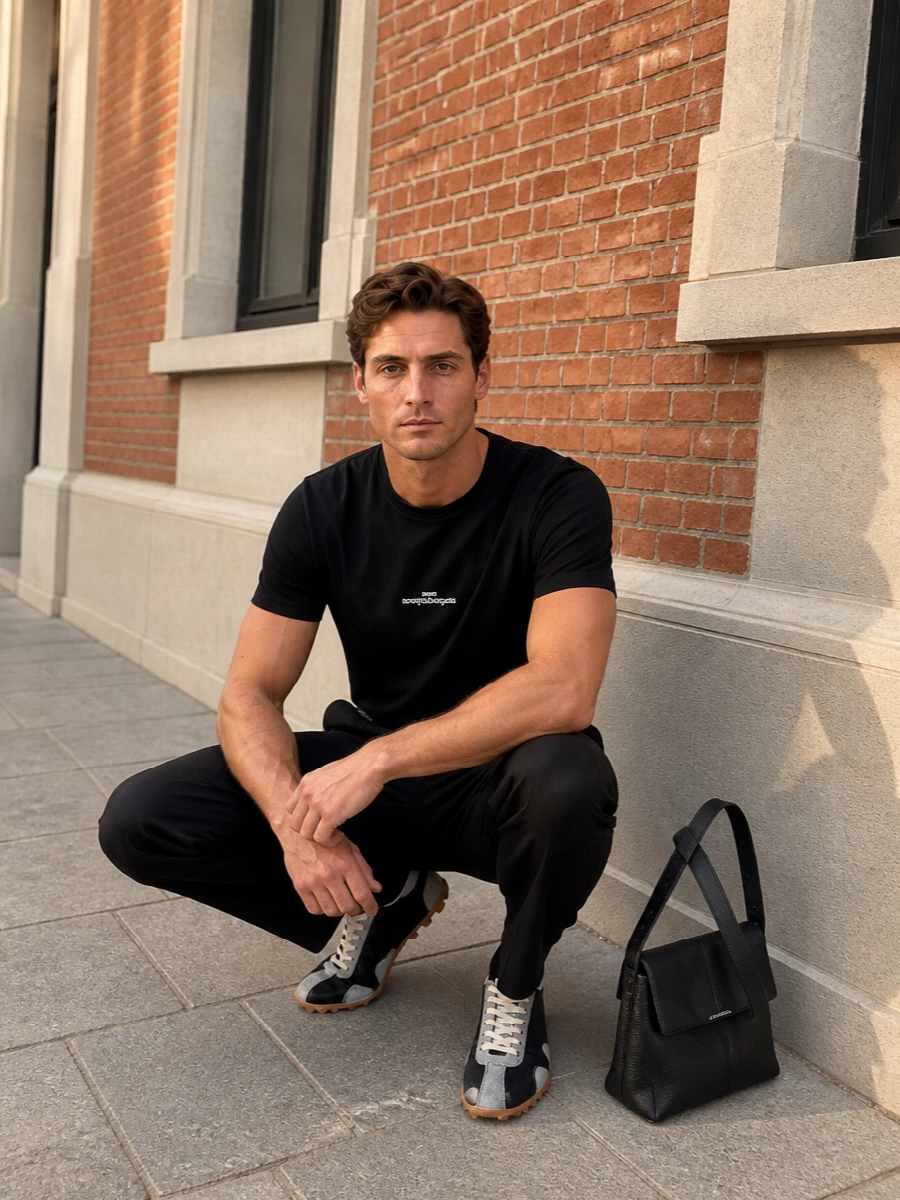 A monochrome Margiela uniform that leans into quiet streetwear, pairing the upside-down logo tee with tailored drawstring trousers for a clean yet relaxed line. Black retro runners keep the energy grounded and directional, while the fold-over shoulder bag adds sharp structure and a discreet hit of house codes. It is an easy city outfit that reads considered without ever feeling dressed up.