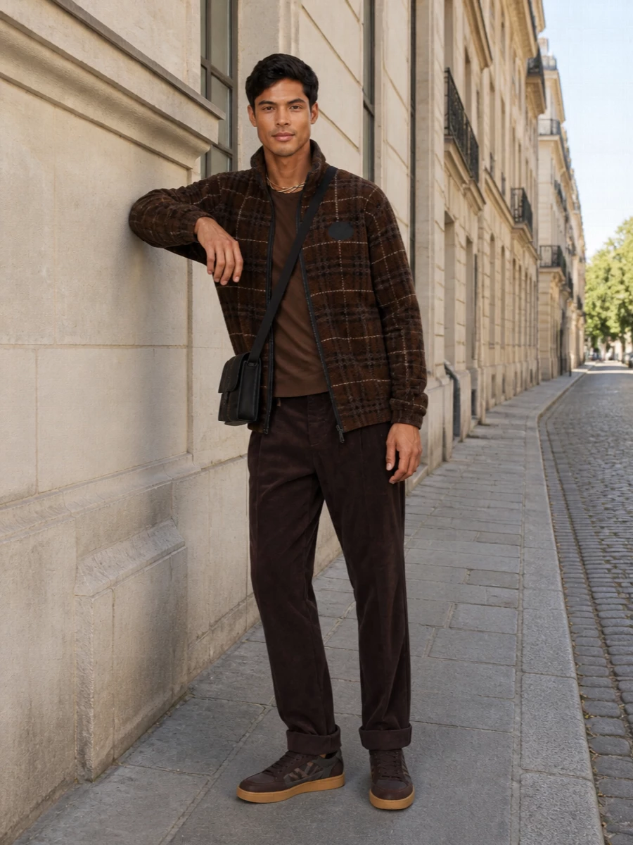 Burberry brown fleece with corduroy trousers
