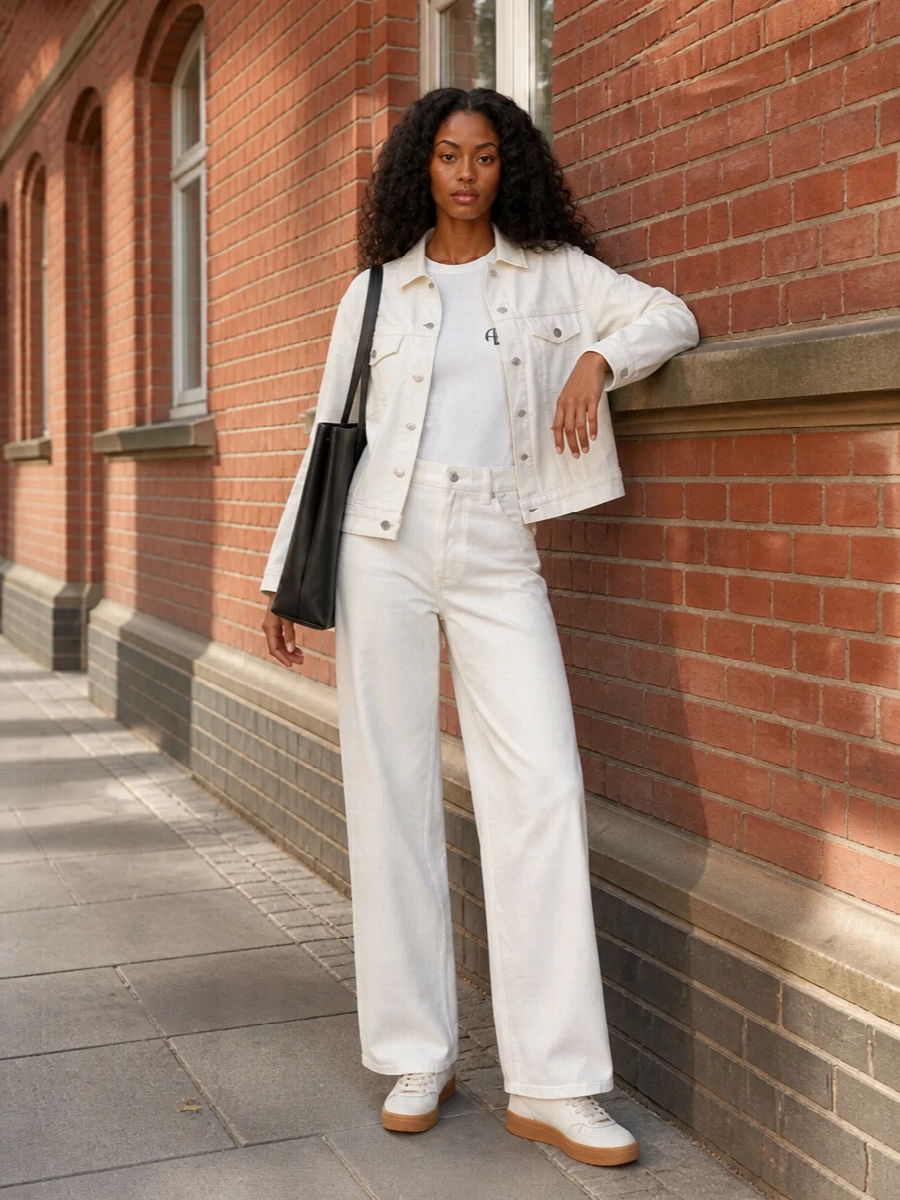 Anine bing white denim jacket wide leg outfit