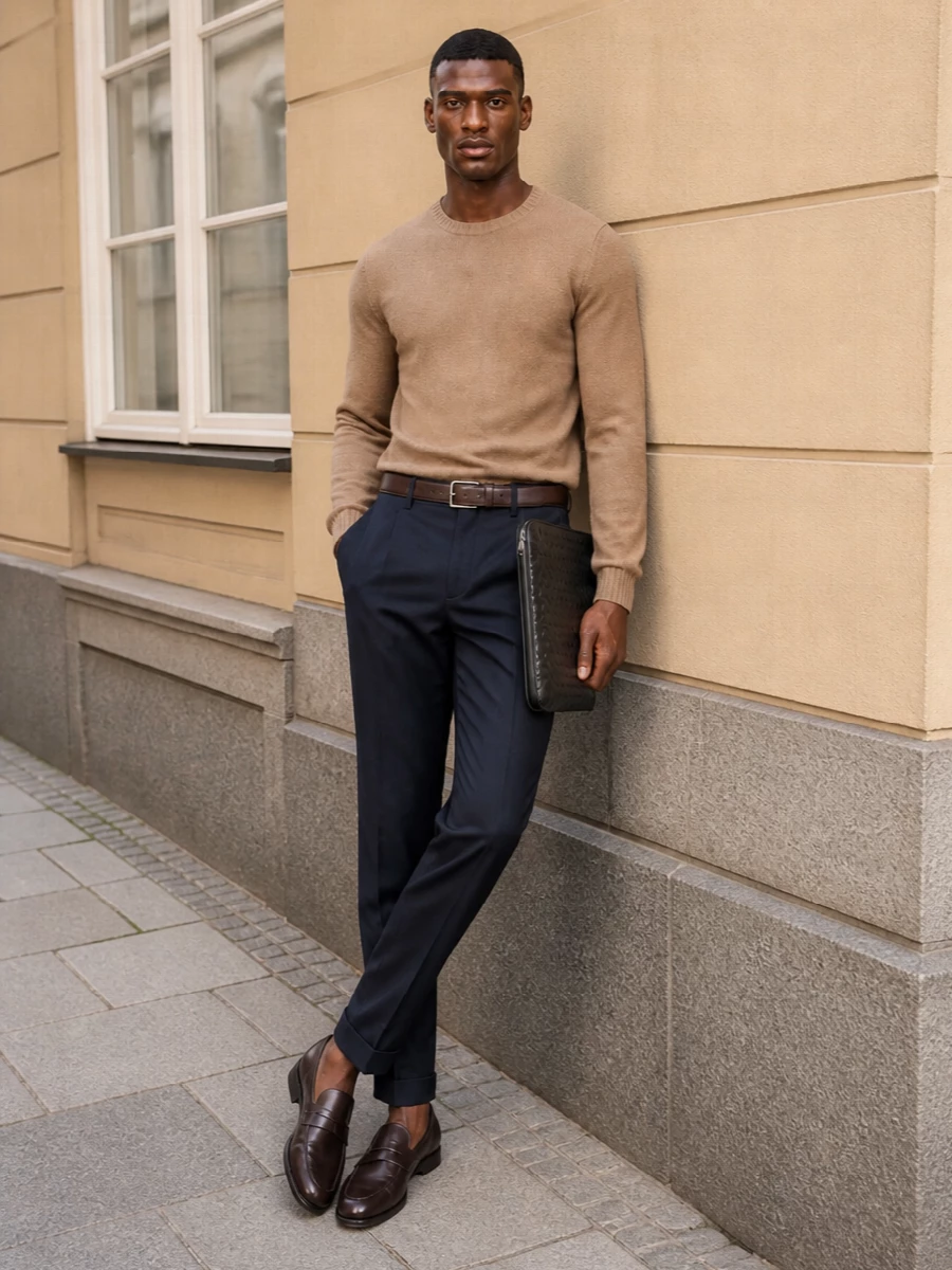 Pt torino navy trousers camel knit tods loafers