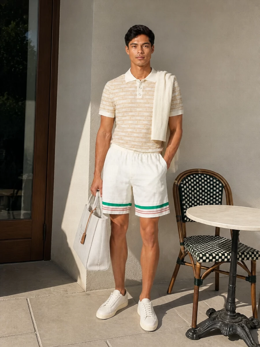 Casablanca knit polo ivory deck shorts outfit