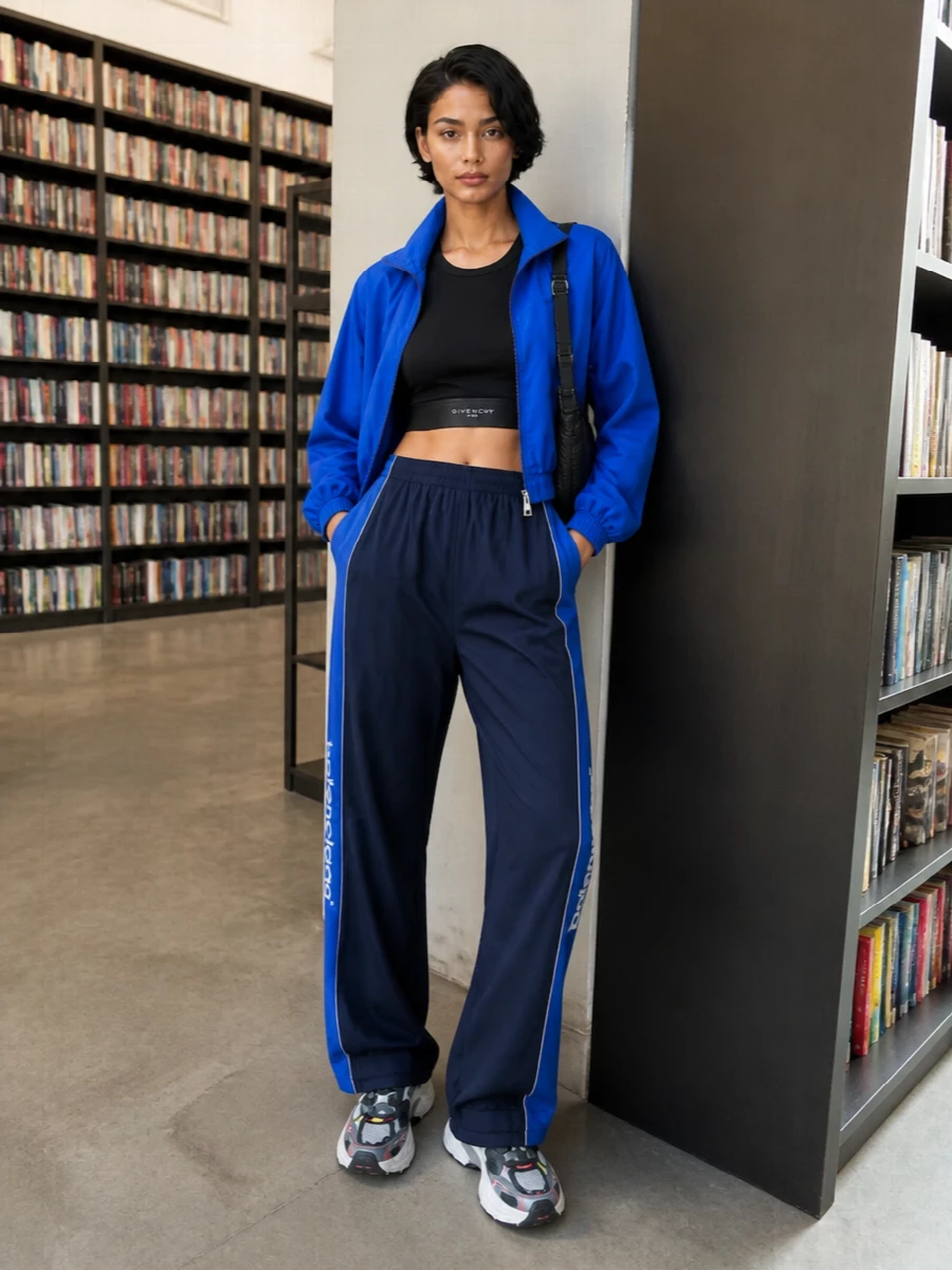 I am deliberately taking the top and bottom path rather than a dress, to lean fully into the windbreaker’s athletic Givenchy x Balenciaga energy. The black logo crop tank and navy-cobalt track pants create a clean, high-waisted base for the cropped electric-blue jacket, while the chunky blue-accent runners echo its color with intention rather than noise. A structured black baguette bag finishes it in a quietly polished way, so the silhouette reads directional streetwear instead of pure gym gear.