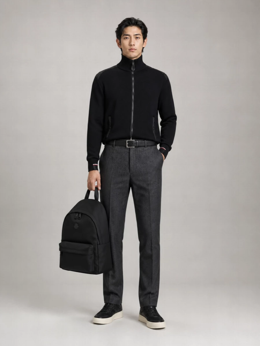 Moncler Tweed Wool Blend Trousers With Creased Design