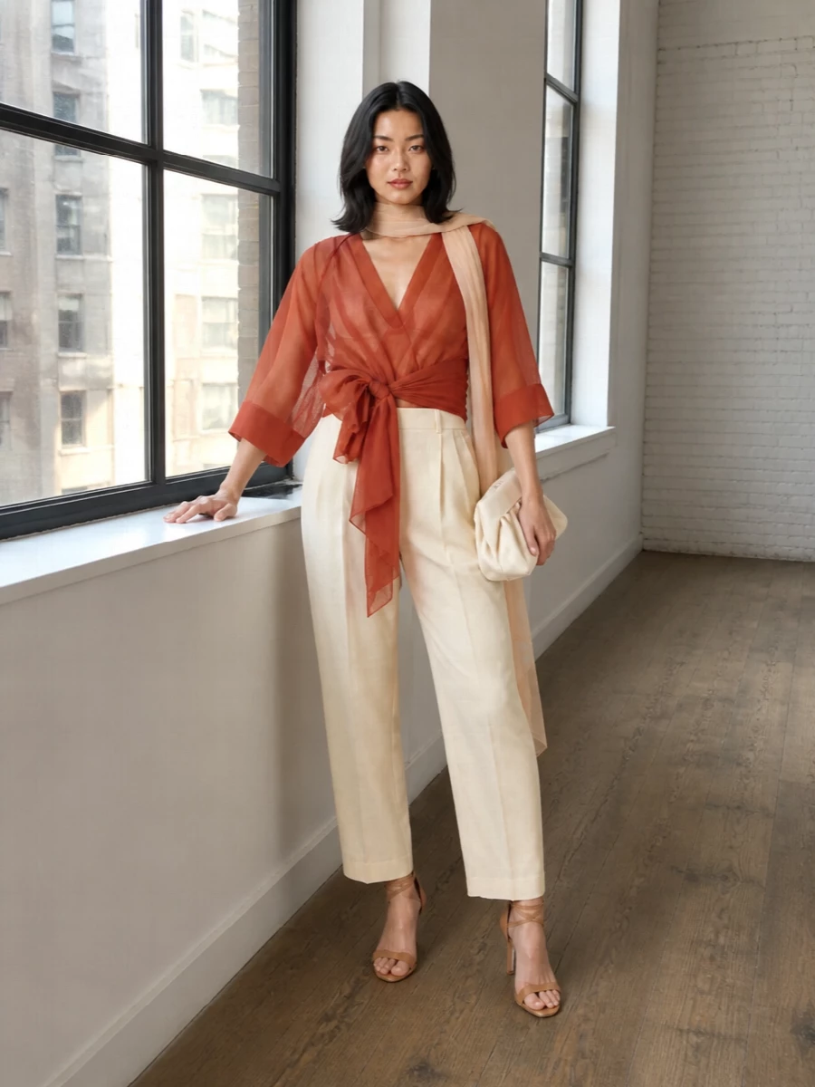 Burnt terracotta and buttercream neutrals meet in a fluid wrap top and high-rise tailored trouser, giving a sculpted waist above a long, relaxed leg. The ankle-tie sandal and pleated clutch keep everything warm-toned and refined, so the movement of the sheer blouse stays centre stage. A whisper-light nude scarf adds just enough softness for terrace cocktails or late gallery openings without crowding the silhouette.