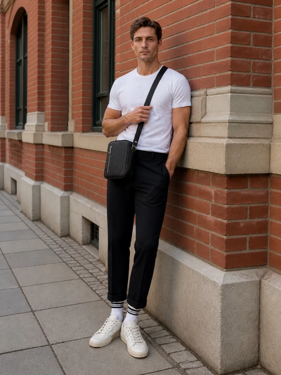Canada goose white tee cropped black trousers