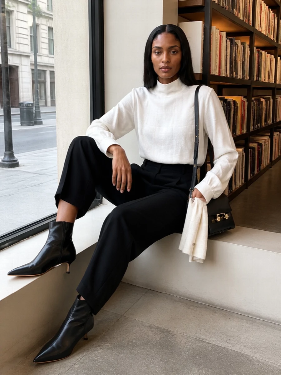Marni white blouse black tailored trousers outfit