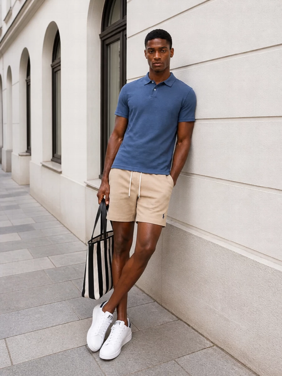 Slate blue and sand keep this polo-and-short pairing calm, preppy and warm-weather ready. White and navy sneakers tie back to the top for a clean, athletic finish, while the striped tote introduces a subtle coastal cue without breaking the minimalist mood. It is an easy uniform for relaxed office Fridays or long summer days that drift into dinner on a terrace.