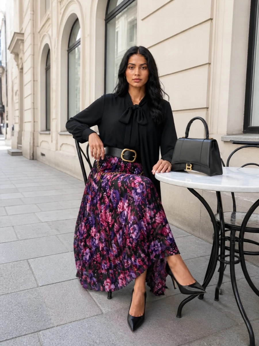 Balenciaga floral midi skirt black blouse outfit