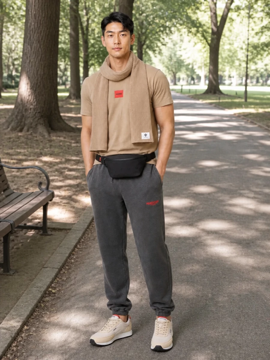Hugo camel tee charcoal joggers runner sneakers