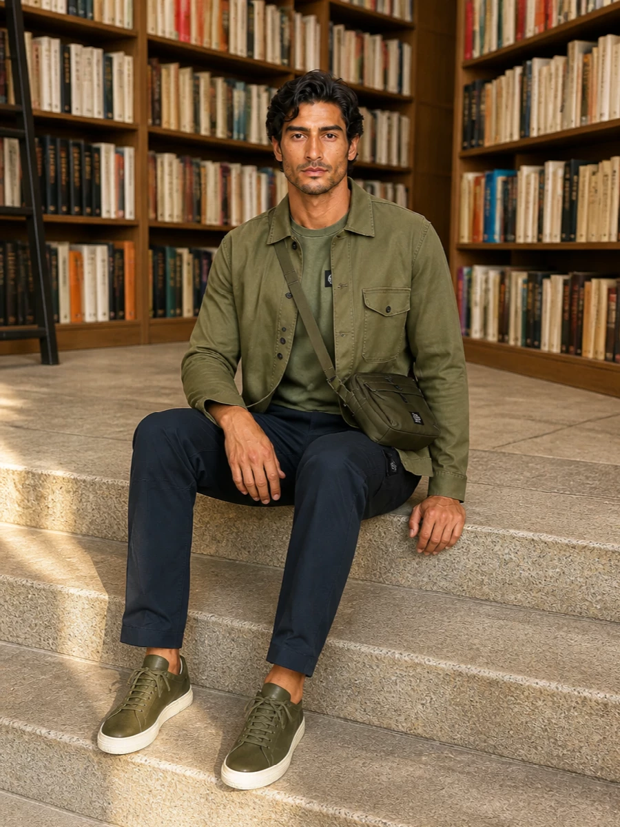 Olive on top and navy below gives this Stone Island set a clear, utilitarian rhythm, with each piece speaking the same technical, logo-driven language. The Axel Arigato sneakers and Porter crossbody stay in the same earth and khaki spectrum, so the whole outfit reads like a considered city uniform rather than a mix of separate buys.