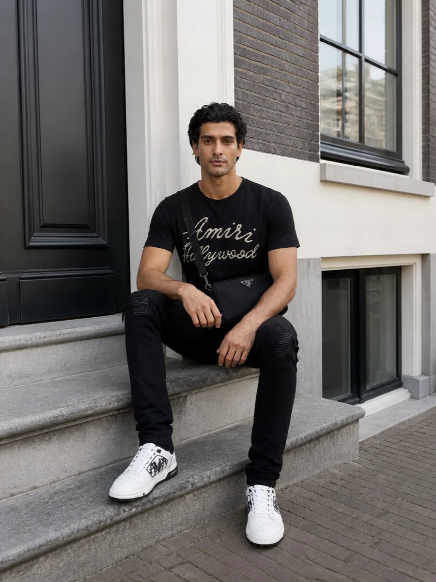 Amiri hollywood tshirt black jeans sneakers