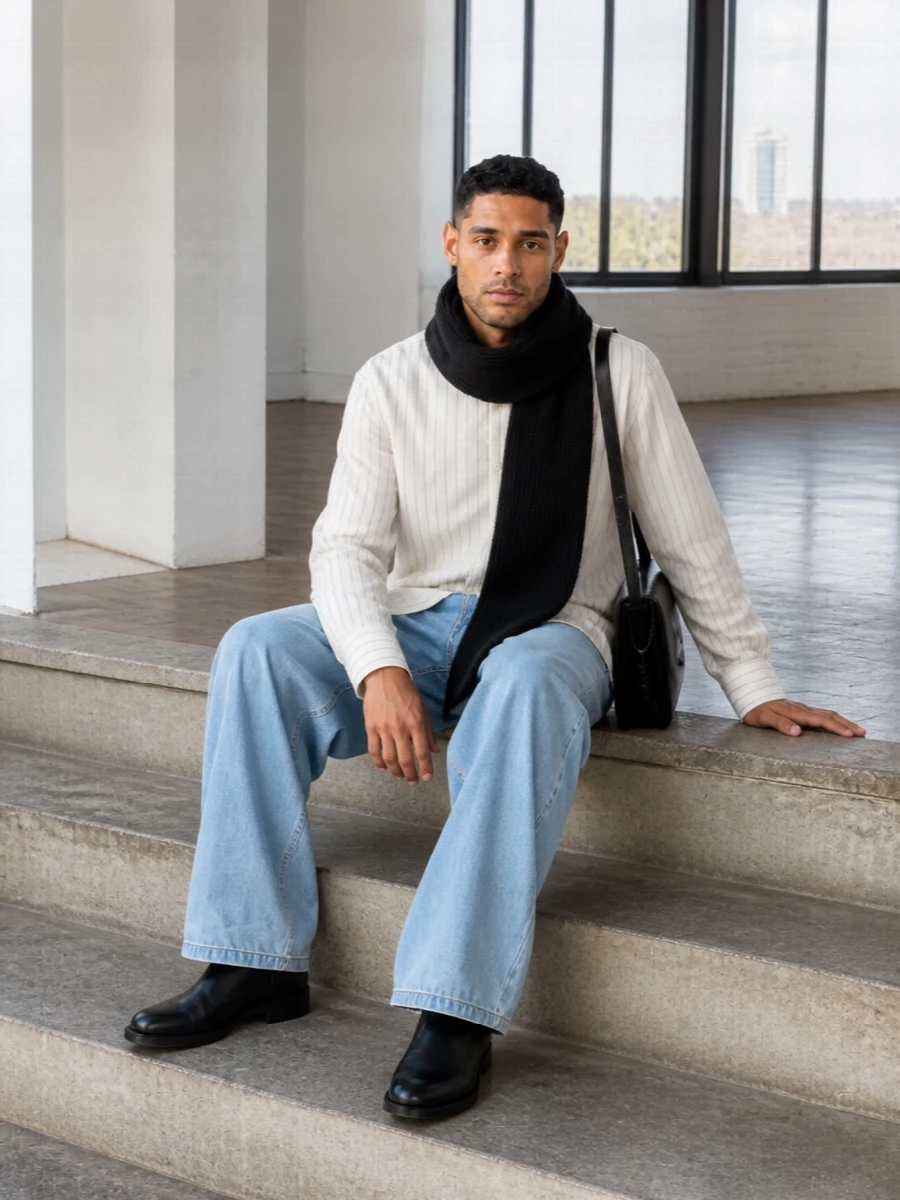 Dries van noten wide leg jeans striped shirt