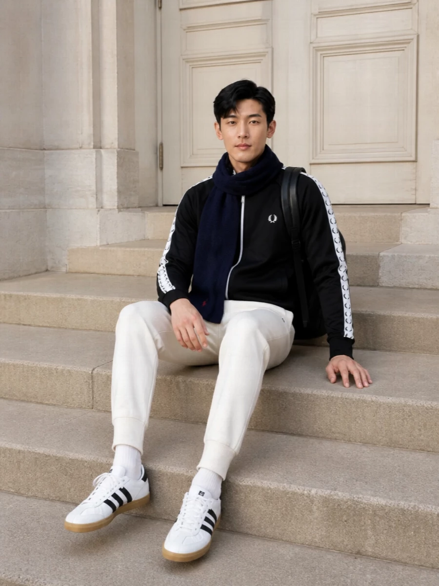 Fred perry track jacket adidas sneakers outfit