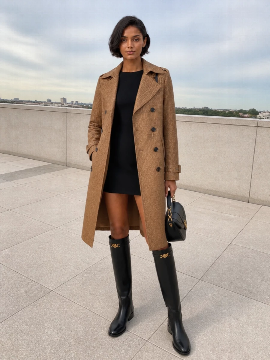 I am going the dress route here: the tux-inspired black mini lets the camel logo trench stay the hero while still delivering a clean, powerful base. Knee-high riding boots extend the line and keep it urbane and season-appropriate, and the structured black shoulder bag ties the metal hardware together without adding more print or color. The result is a sharp Versace city ensemble that moves effortlessly from late-afternoon meetings to dinner reservations, all anchored in tailored confidence rather than overt maximalism under the coat.