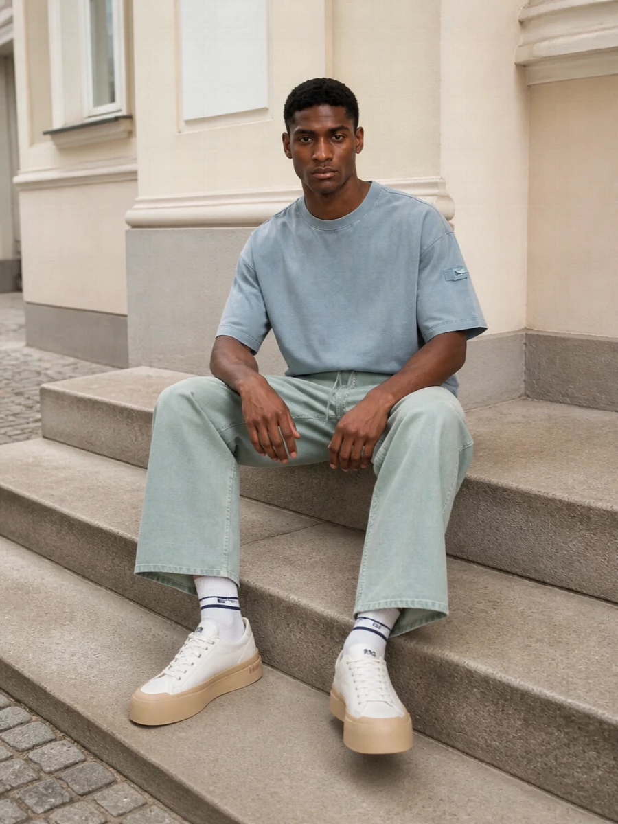 Soft sage denim and washed ice blue create a calm, directional color story with a clean, boxy top over wide legs. Chunky off-white sneakers ground the volume, while the sculpted sage duffle and striped socks bring a considered, slightly sporty edge that still feels refined. The result is relaxed summer city dressing with a precise, design-led attitude.