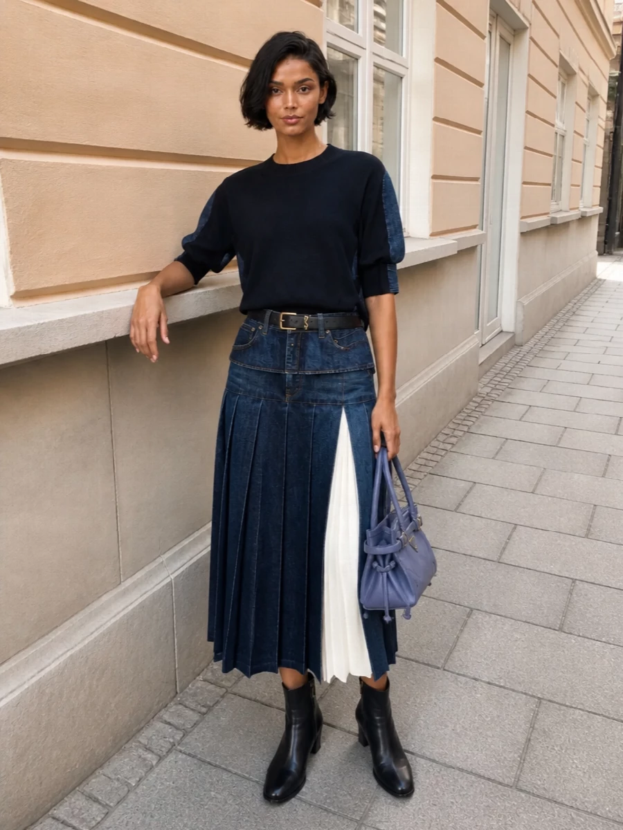 Sacai’s pleated denim skirt is paired with the brand’s navy knit-and-denim hybrid top for a graphic, two-tone column that feels sharp but relaxed. Black sculptural ankle boots ground the volume, while a slate-blue Prada satchel and slim navy belt add a precise, quietly luxurious finish in the same cool spectrum as the denim. The result is city-ready and modern, with structure and movement working in tandem rather than competing.