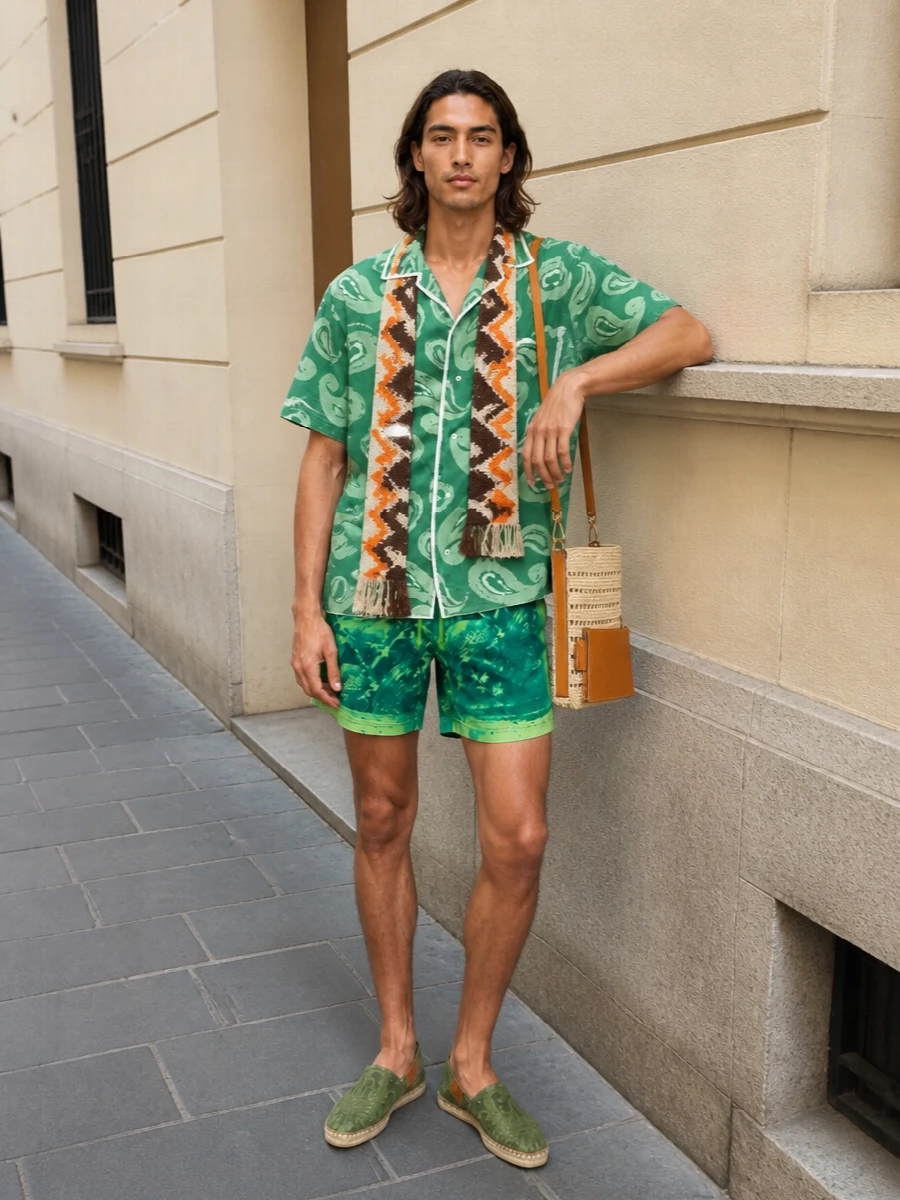 Loewe swim shorts jacquemus shirt etro espadrilles