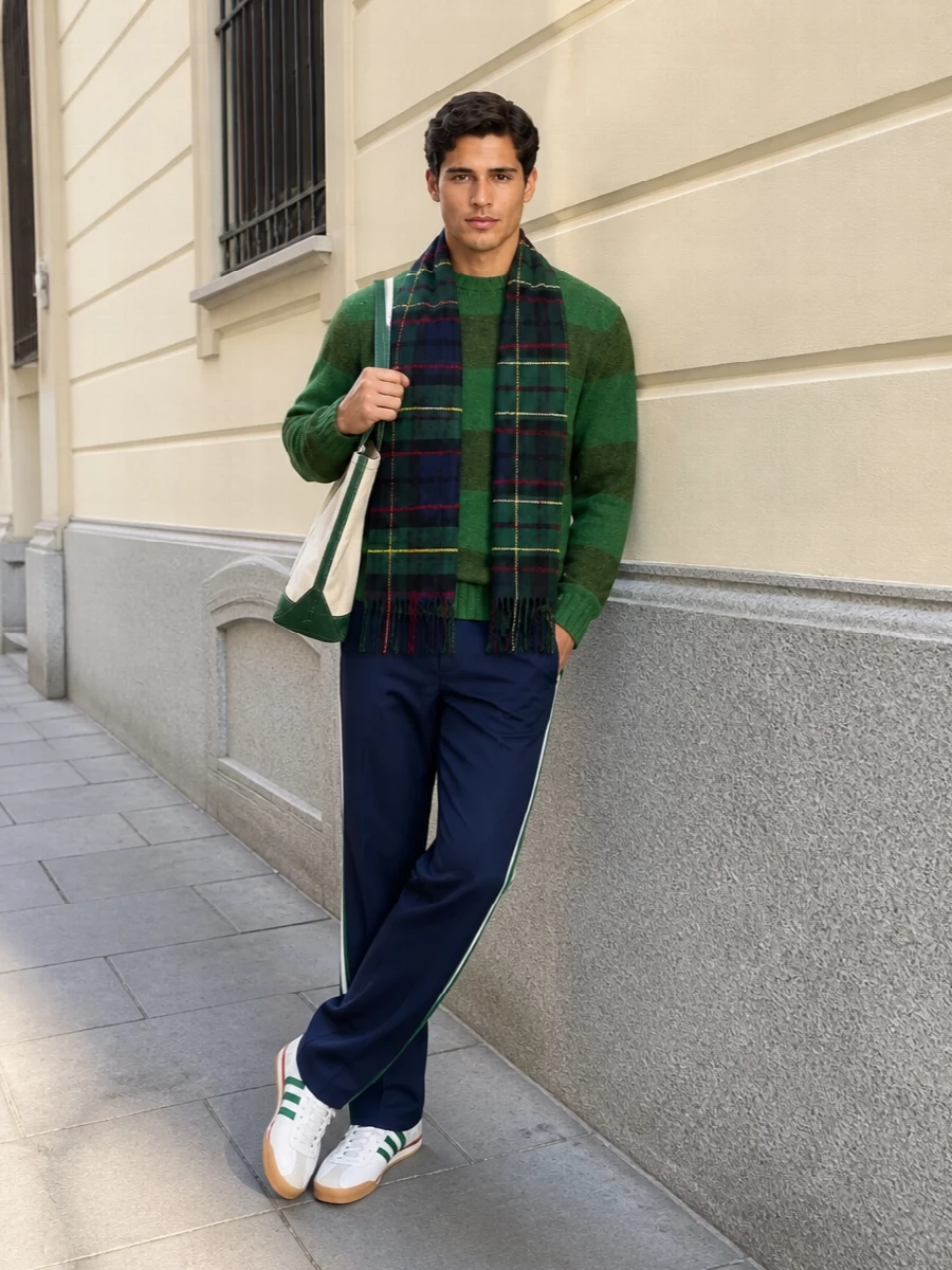 Beams plus green knit polo track pants outfit