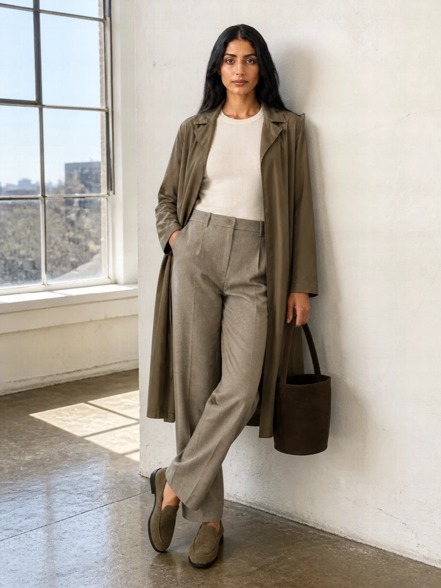 I opted for the top and trouser route rather than a dress so the long-line coat can work as intended, framing a clean column of knit and tailoring in nuanced neutrals. The ivory rib, taupe melange trouser and olive coat create a soft tonal gradient, with suede loafers and an espresso bucket bag deepening the palette without breaking its calm. The result is relaxed but precise day dressing that moves easily from errands to low-key dinners, all within the same quiet-luxury universe as the coat.