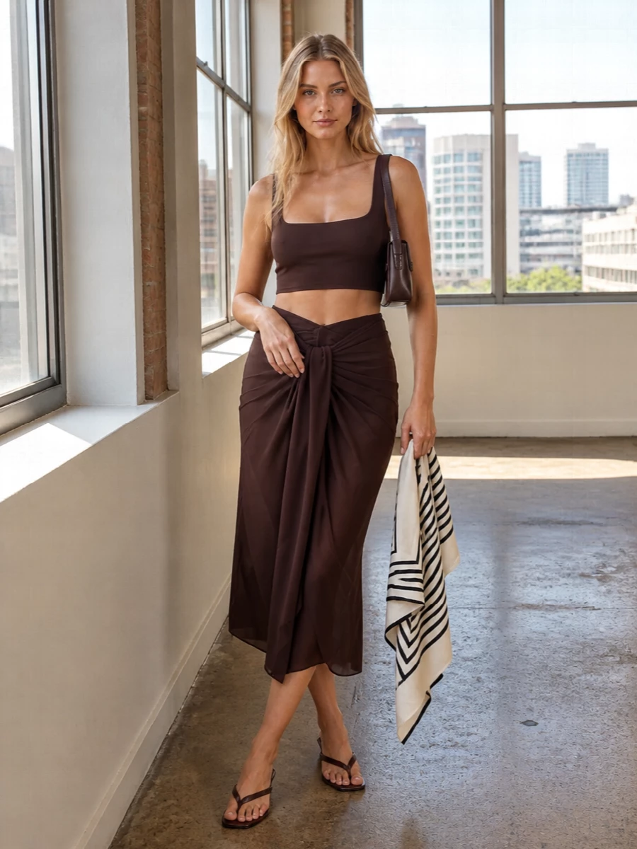 Jacquemus chocolate midi skirt brown tank outfit