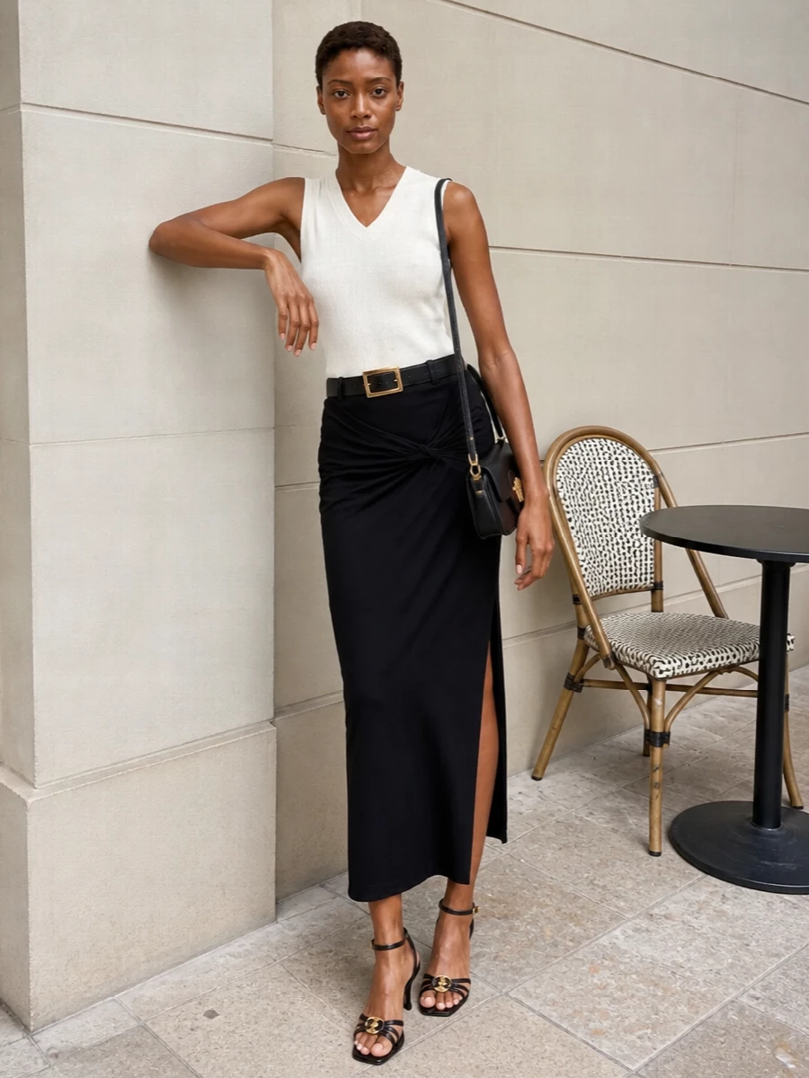 An ivory V-neck tank meets a sculpted black column skirt for a precise, quietly sensual monochrome pairing. Strappy black sandals and a compact Medusa shoulder bag keep the focus on line and proportion, while a slim black belt adds just enough definition. The result is polished summer tailoring that moves easily from dinner to late drinks without ever feeling overstyled.
