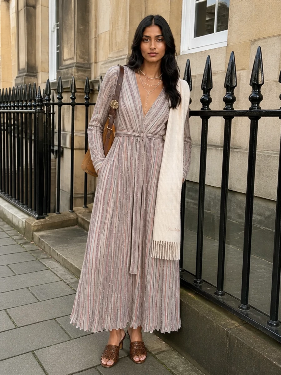Missoni striped maxi dress woven mules suede bag