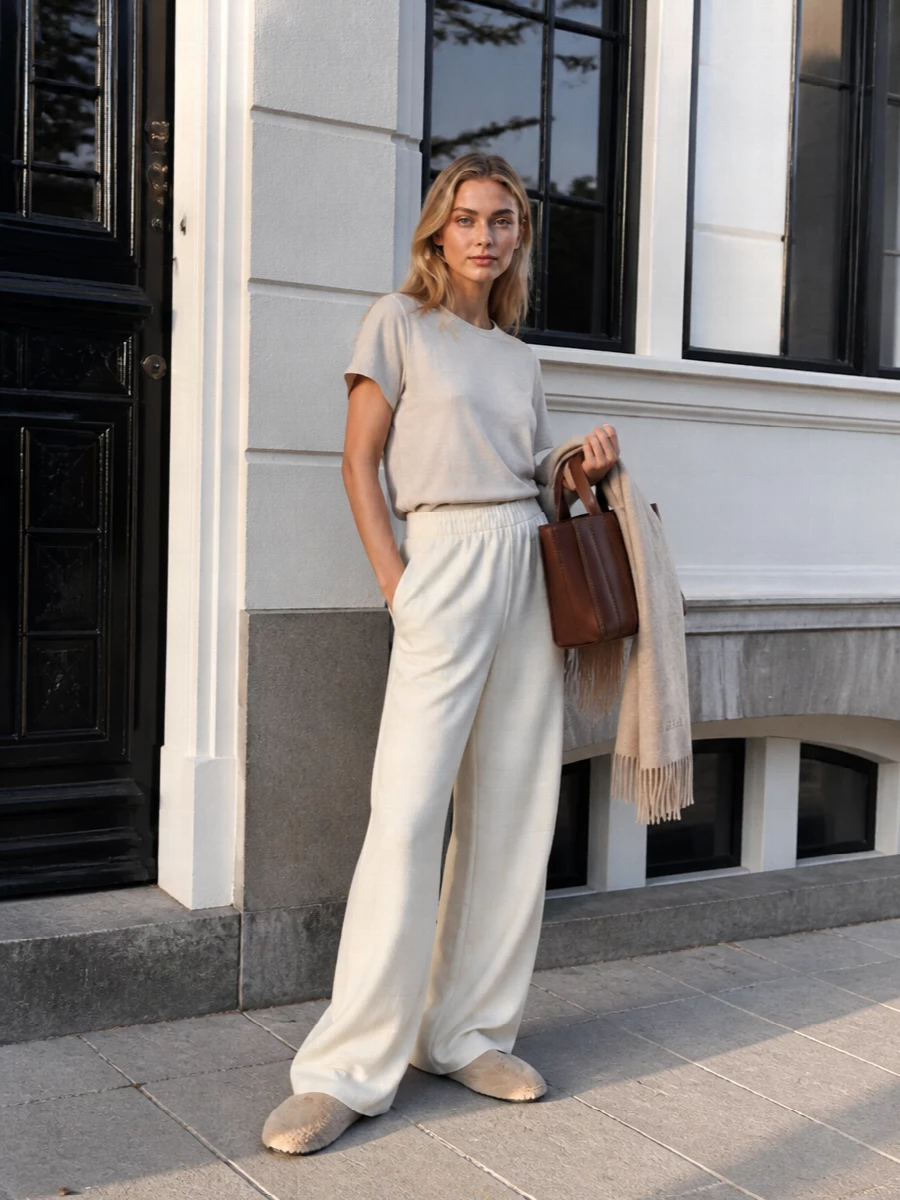 Max mara cream trousers beige tee prada slippers