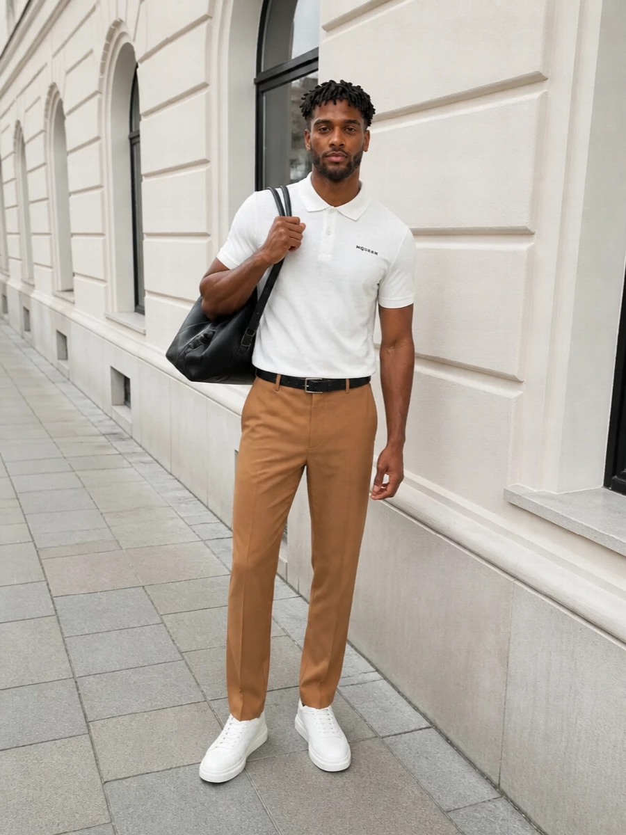 Alexander mcqueen polo camel trousers white sneakers