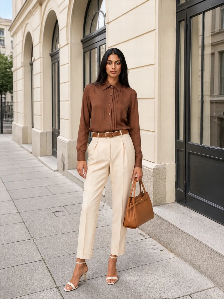 Tom Ford’s chocolate pleated shirt is grounded with light beige tapered trousers for a warm, minimal take on tailored dressing. Ivory heels keep the line clean and elongated, while a caramel top-handle and cognac suede belt sit in the same quiet, sun-bleached spectrum. The result is boardroom-polished but soft enough to carry through dinner without ever feeling severe.