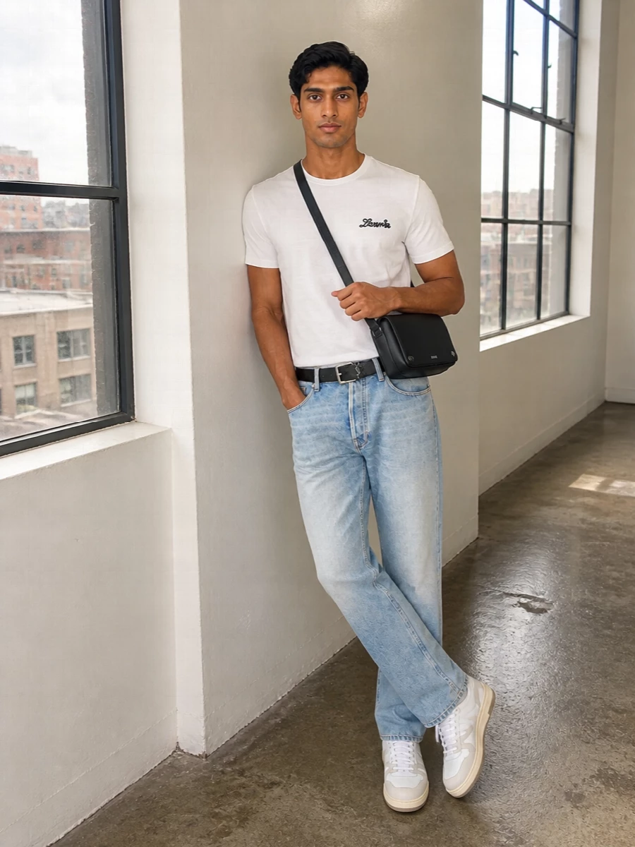 Lanvin white t shirt light wash jeans outfit