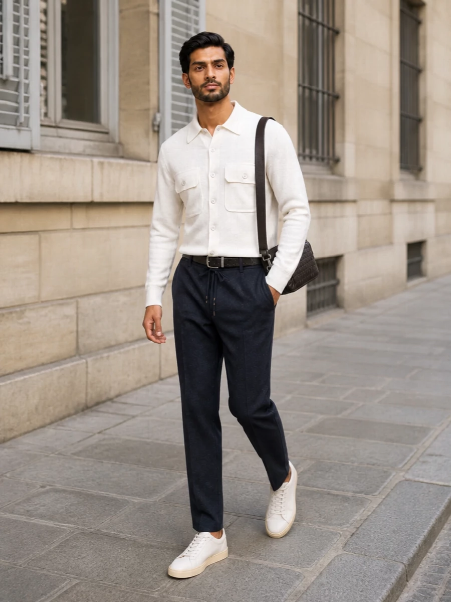 This look leans into Brunello’s relaxed tailoring: the soft white shirt-cardigan sits over charcoal-navy drawstring trousers for a quietly luxe, city-ready silhouette. Off-white low-top sneakers keep the line modern and unfussy, while the espresso intrecciato crossbody and slim black belt add just enough structure and depth to anchor the otherwise light, tonal palette. It’s an easy, elevated FW uniform that moves seamlessly from daytime errands to understated dinners.