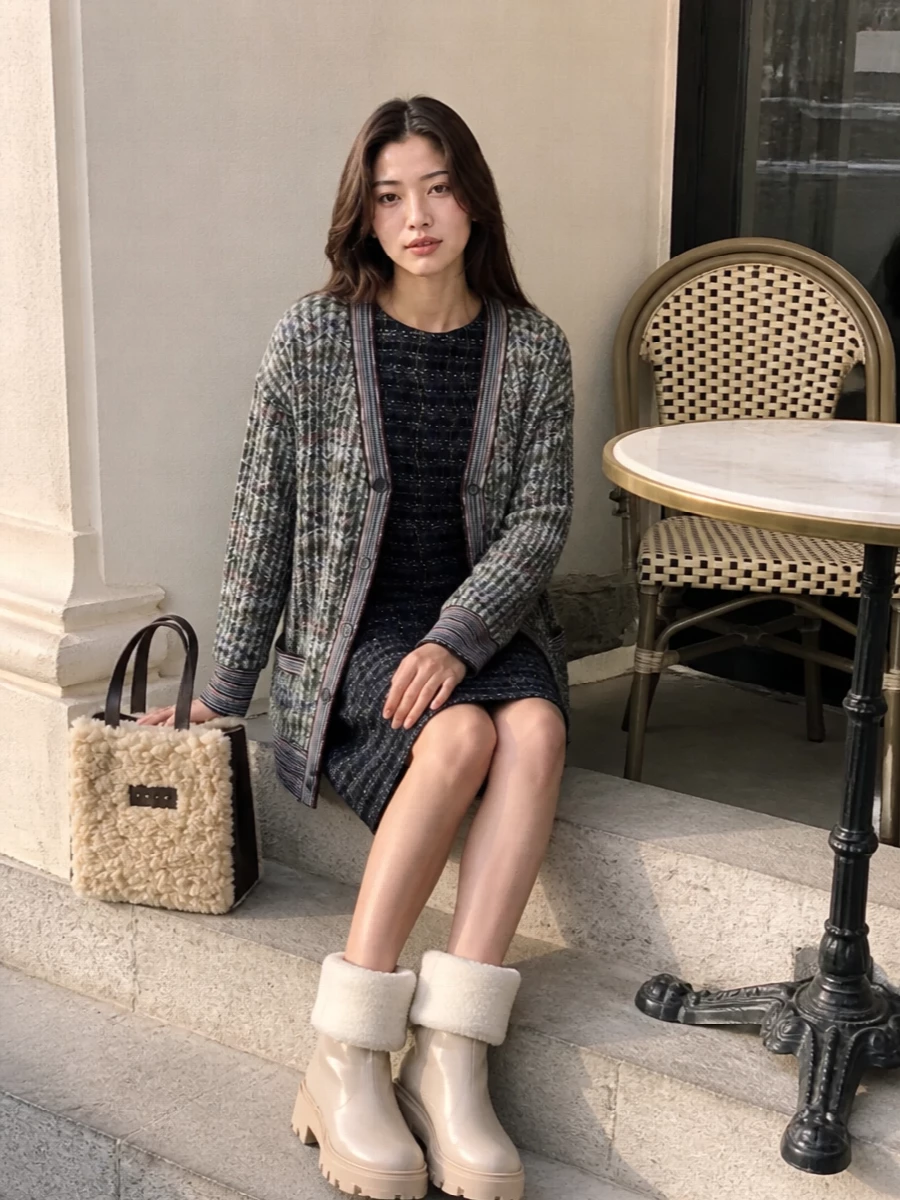 Missoni navy knit dress moncler boots outfit
