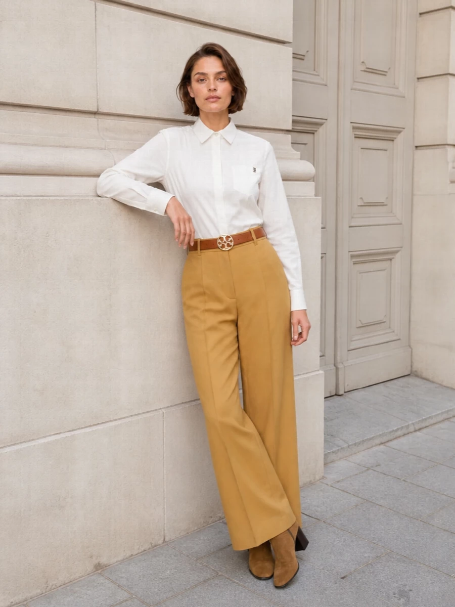 Tory burch camel wide leg trousers ivory shirt
