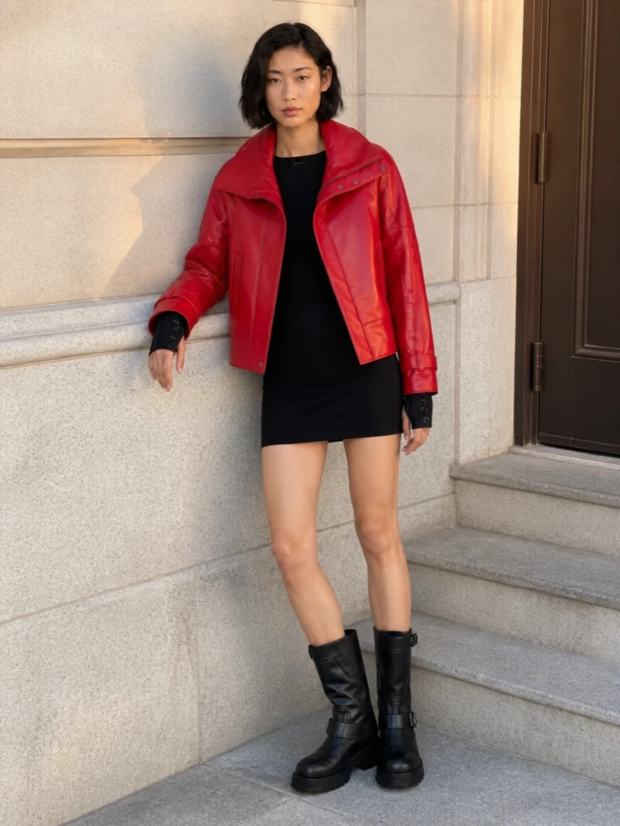 This is a hard-edged city night ensemble: the red leather jacket thrown over a lace-up black mini, grounded with heavy moto boots. Choosing the dress route keeps the lines clean and vertical, letting the outerwear dominate without competing waistbands or extra layers. The tonal black accessories and subtle hardware pull everything into a single, graphic statement that feels confident and deliberately tough.