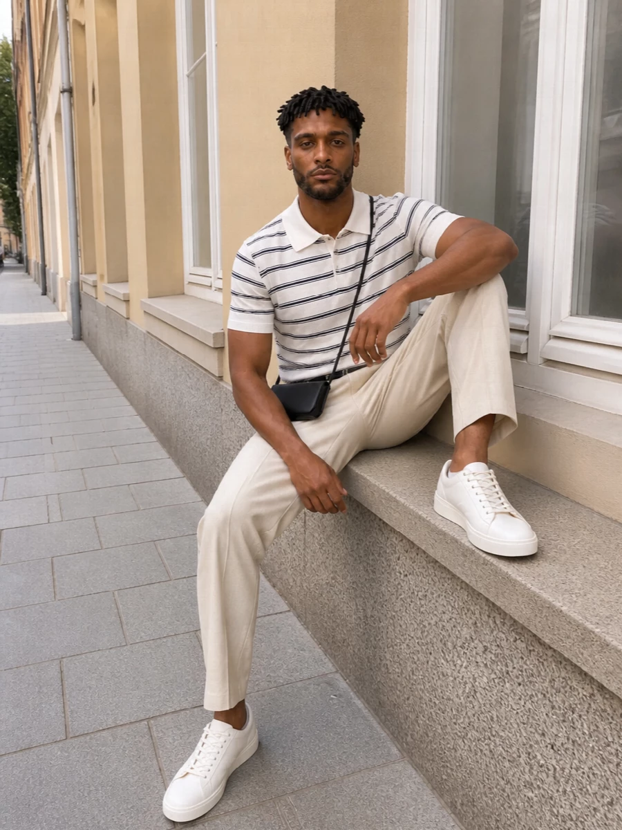 A.P.C.’s striped polo and the light beige pleated chinos sit in the same soft, sunlit palette, giving a clean column of color that feels relaxed but still considered. Off-white Tod’s sneakers keep the line minimal and calm, while the navy woven belt and slim black shoulder bag introduce just enough depth to echo the polo’s stripe without breaking the quiet mood. The result is an easy Paris-meets-Riviera outfit that works from city afternoons to low-key dinners in the same breath.