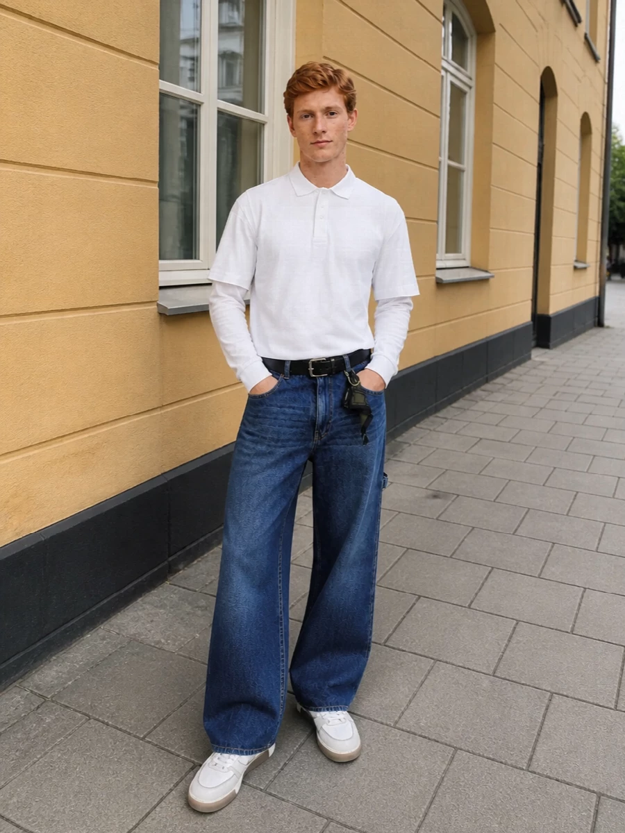 Darkpark wide leg jeans white polo sneakers